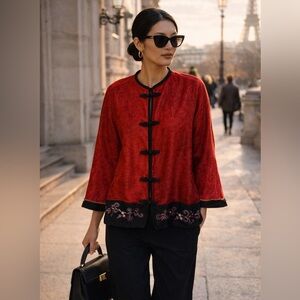 Vintage Red Silk Embroidered Jacket Asian Inspired Size XL